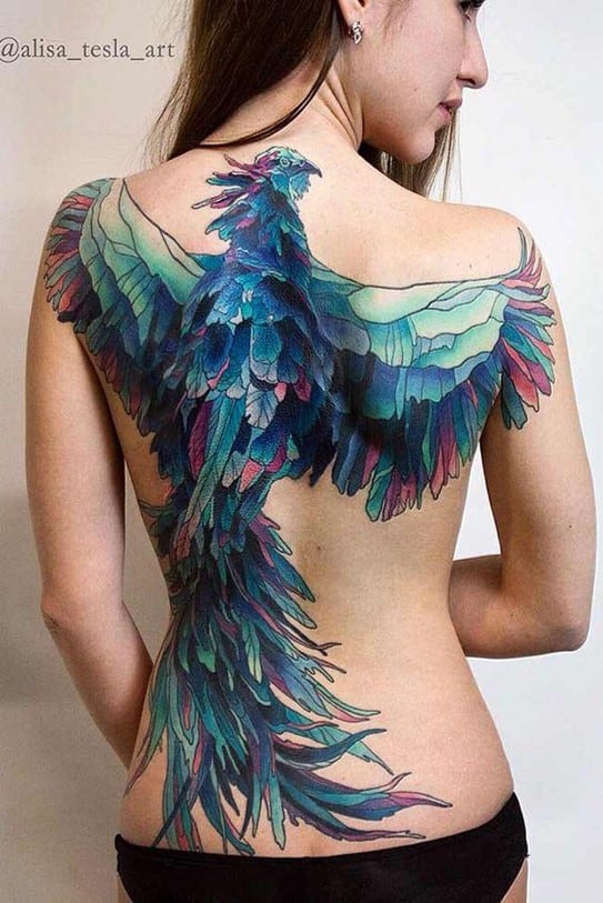 Bright Blue Well Detailed Back Bird Tattoo