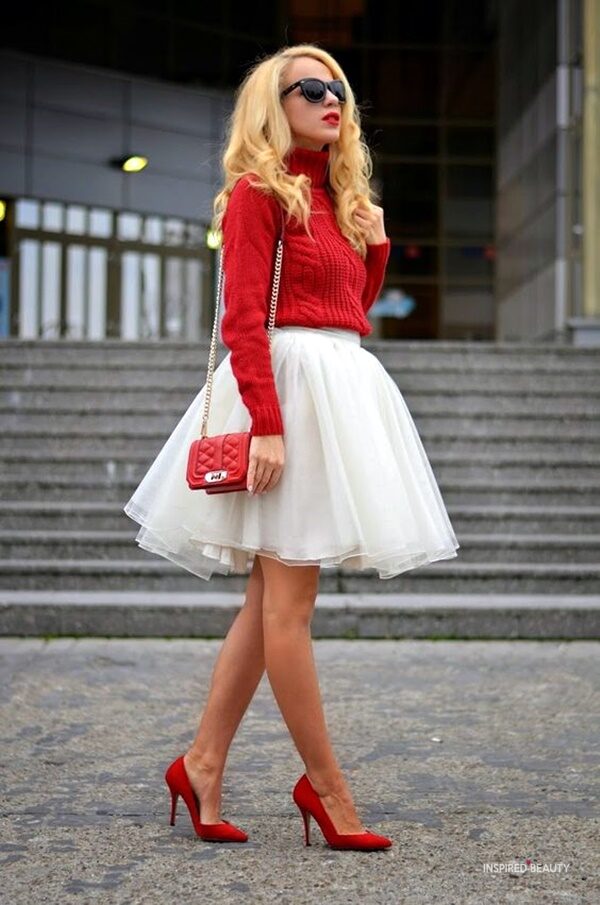 Christmas Party Outfit Ideas red turtle neck sweater white tulle skirt