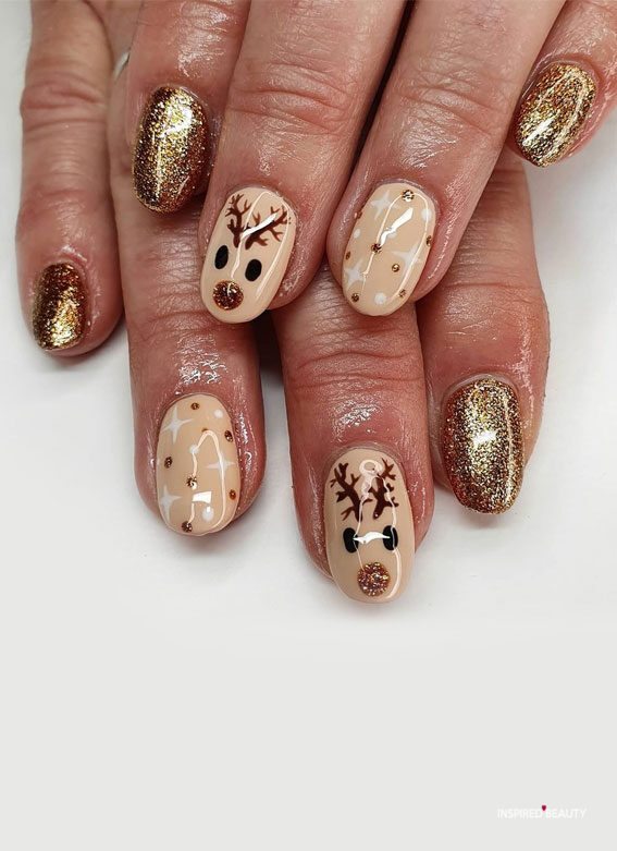Nude and glitter gold Christmas nails