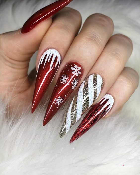 Red and White Christmas nails art design