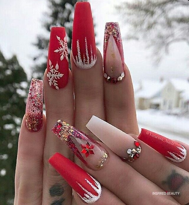 Red and White Nails Coffin