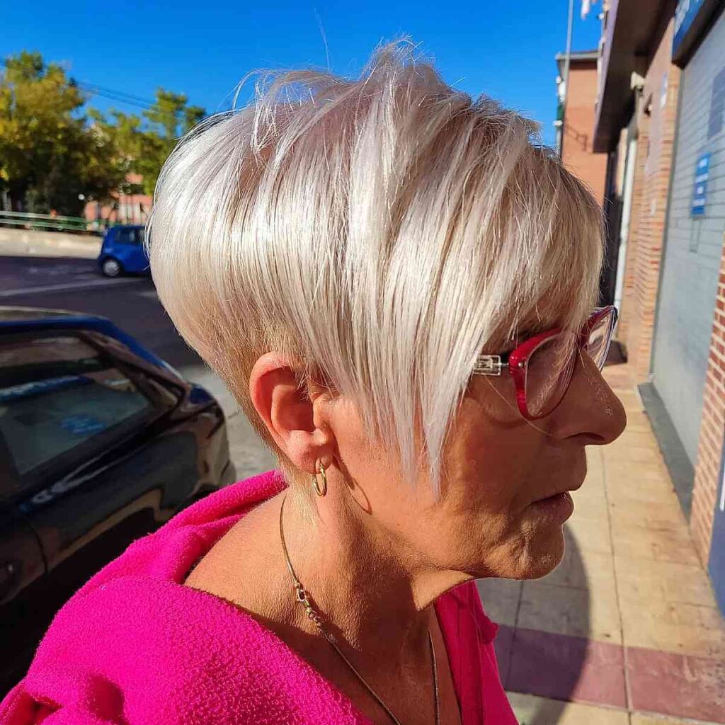edgy platinum asymmetric pixie for a 60 year old
