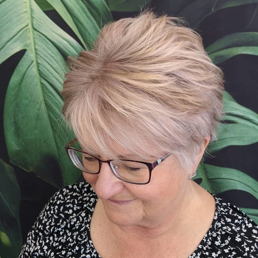 pixie cut for older women with glasses