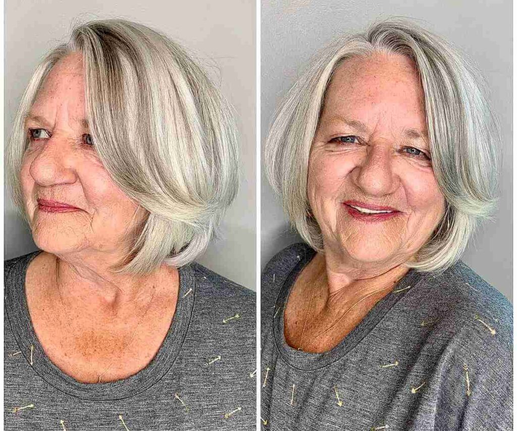 pretty long bob for women over 60 with greying hair