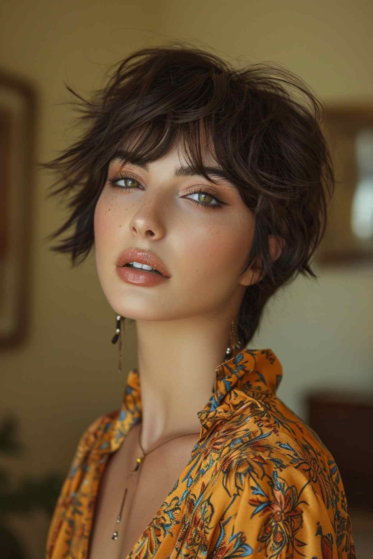 a shaggy pixie bob with textured side layers on a woman in her 30s
