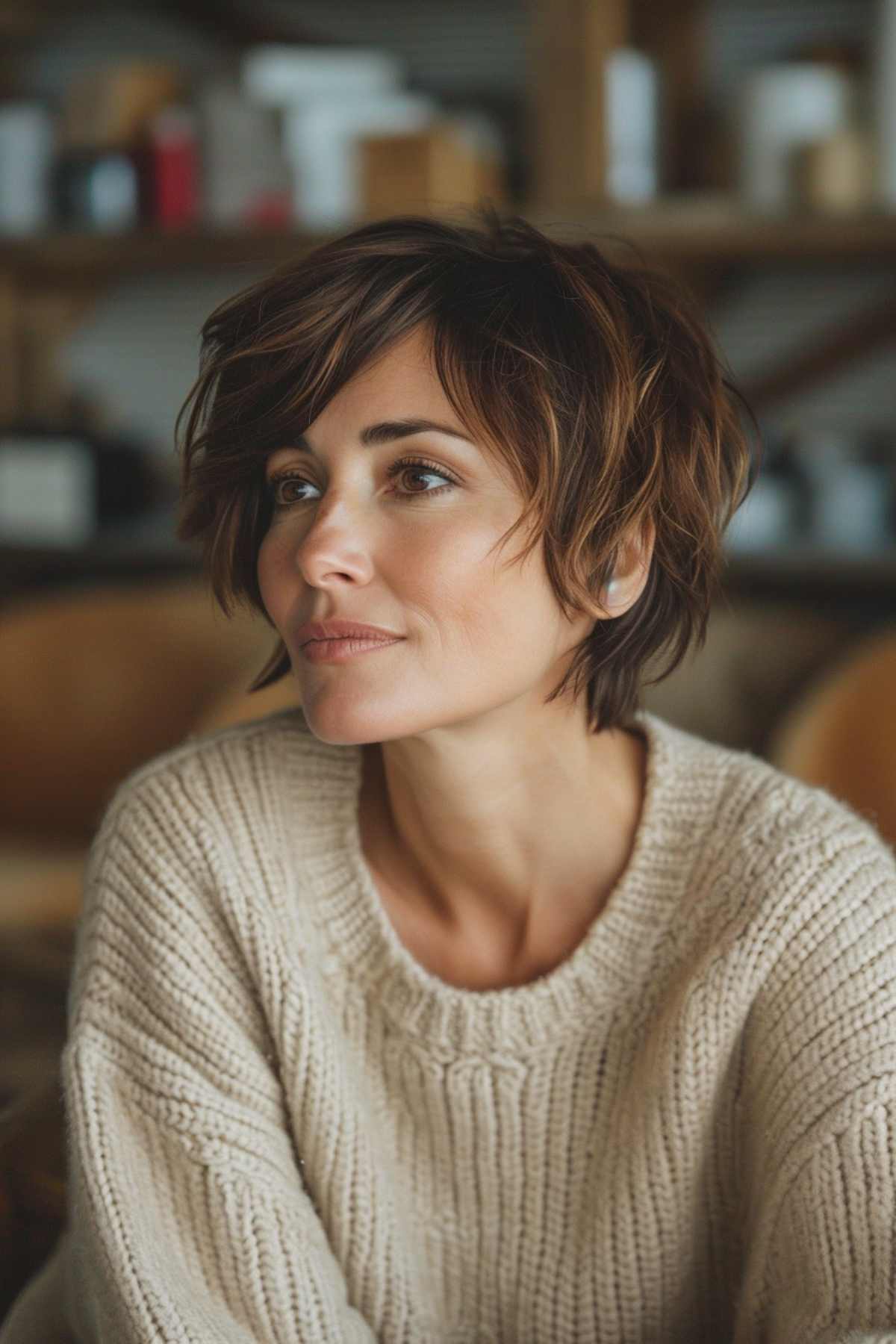 a softly tousled pixie bob with side movement