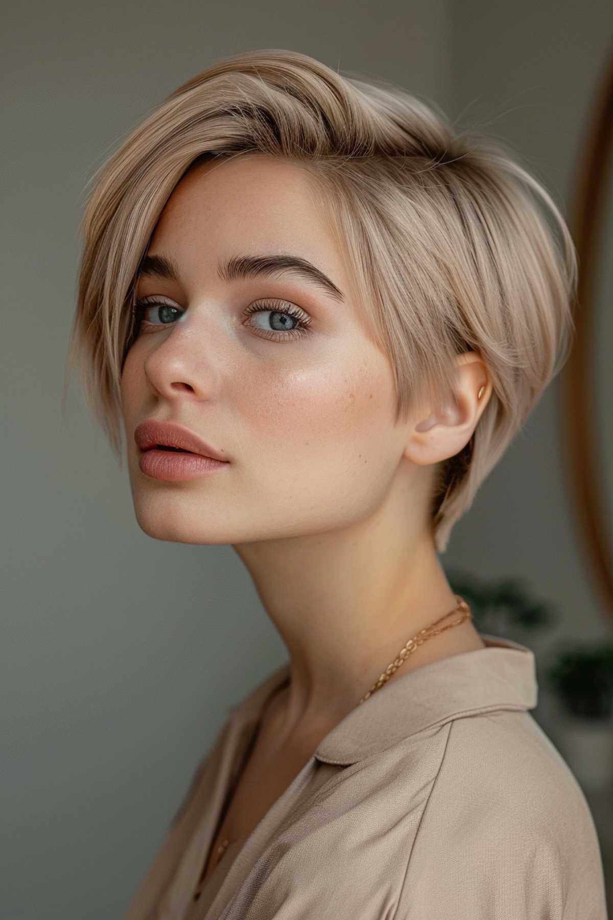 a streamlined pixie bob with a precise side part on a woman