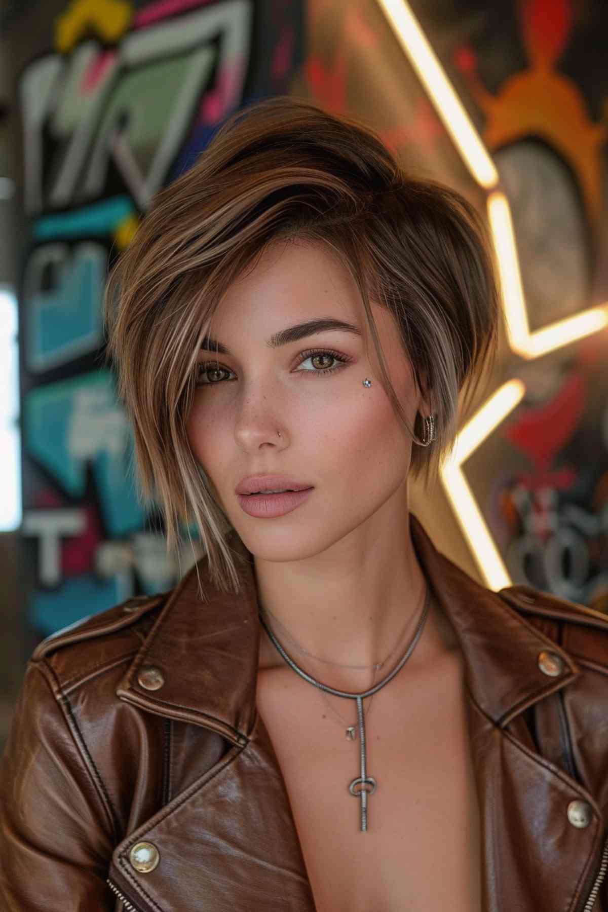 an edgy angled pixie bob with a side part on a woman in her 40s