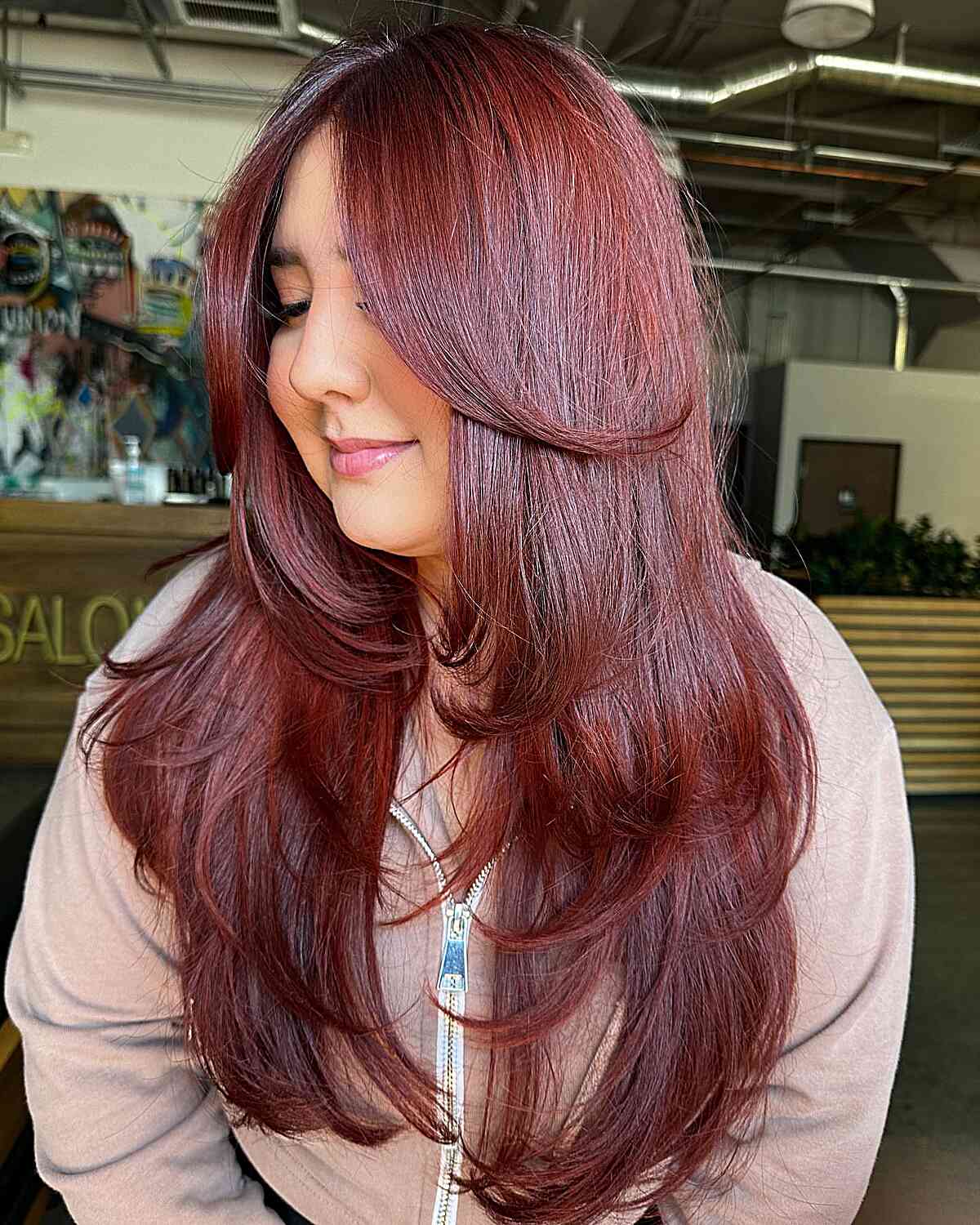 burgundy long layered butterfly cut for fine hair